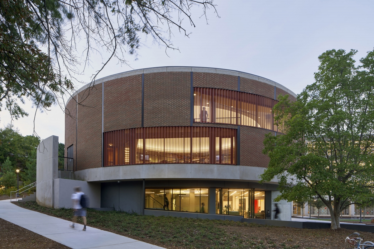 class building lit up at night