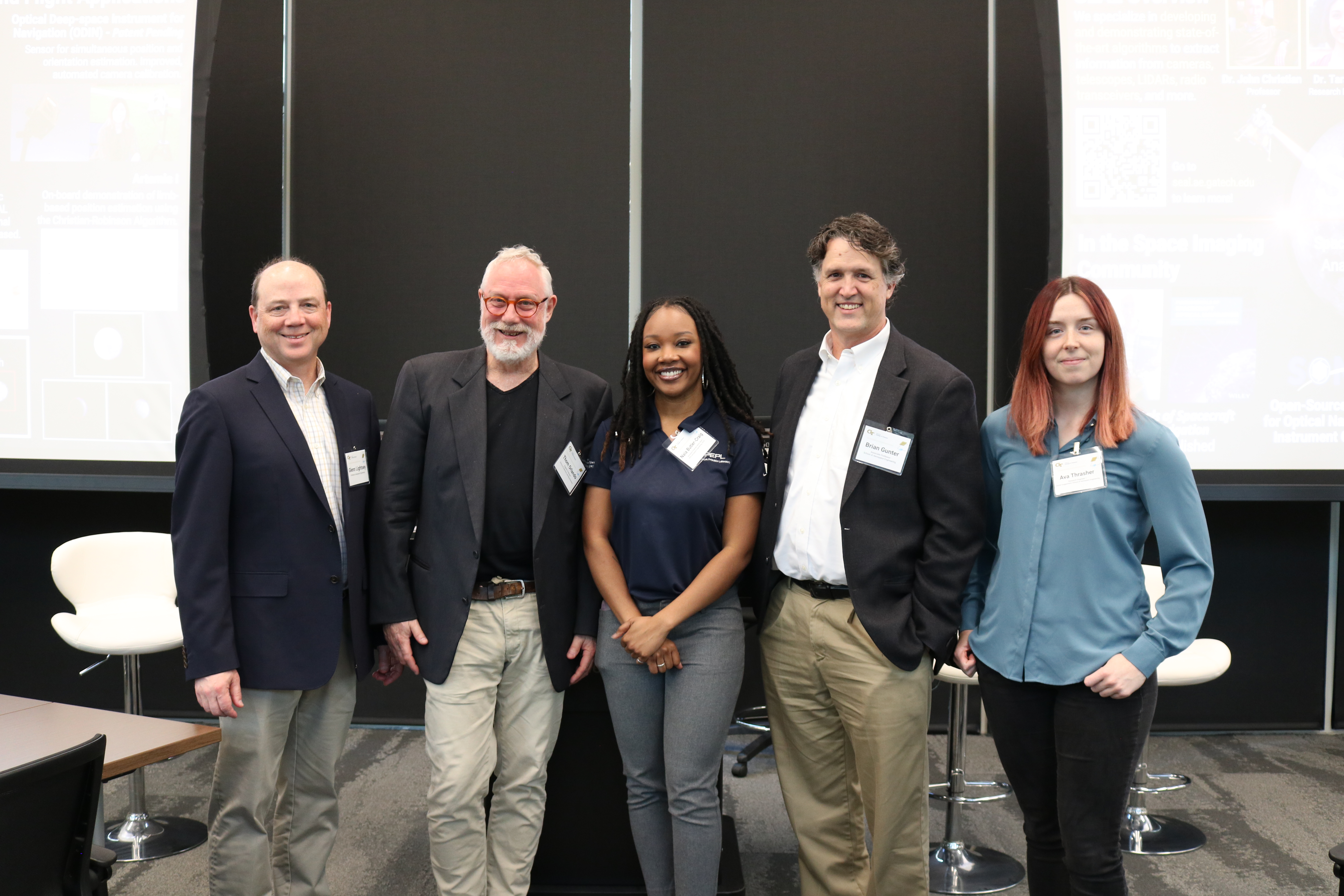  [From left] Professor Glenn Lightsey, Professor Thom Orlando, Moderator Naia Butler-Craig  (M.S. AE 2023, Ph.D. AE 2026), Associate Professor Brian Gunter, and Research Engineer I Ava Thrasher 