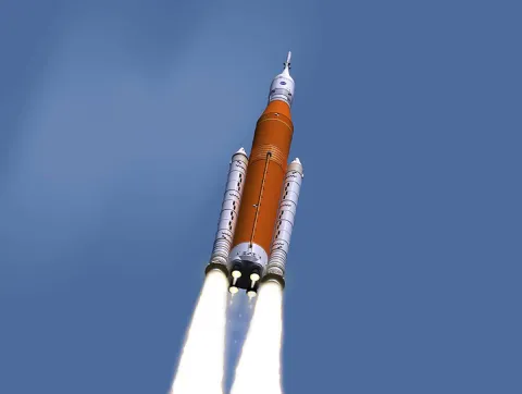 The Space Launch System (SLS), will send people to the moon. The SLS is designed to send humans to Mars one day. (courtesy: NASA)