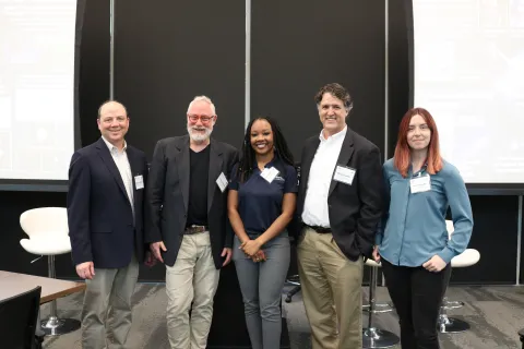 [From left] Professor Glenn Lightsey, Professor Thom Orlando, Moderator Naia Butler-Craig  (M.S. AE 2023, Ph.D. AE 2026), Associate Professor Brian Gunter, and Research Engineer I Ava Thrasher 